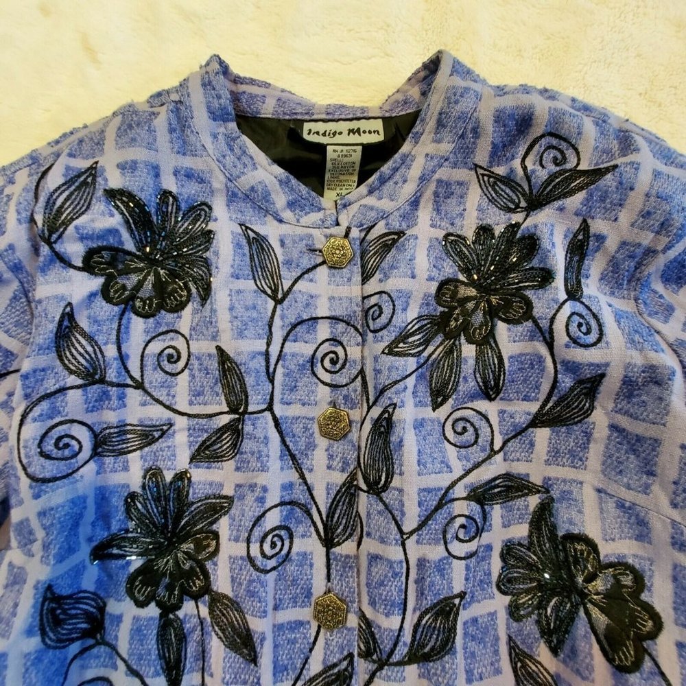 Vintage 90s Periwinkle Blue Floral Beaded Windowpane Jacket Lined XL X-large‎ - Picture 3 of 8